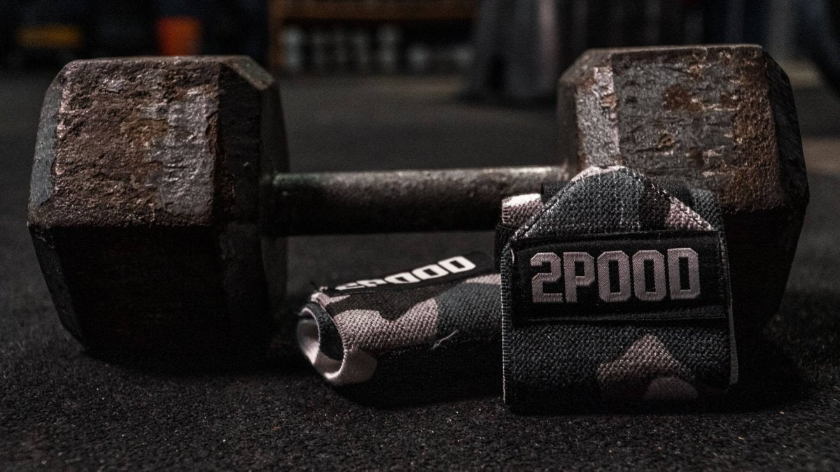 Wrist wraps in front of dumbbell