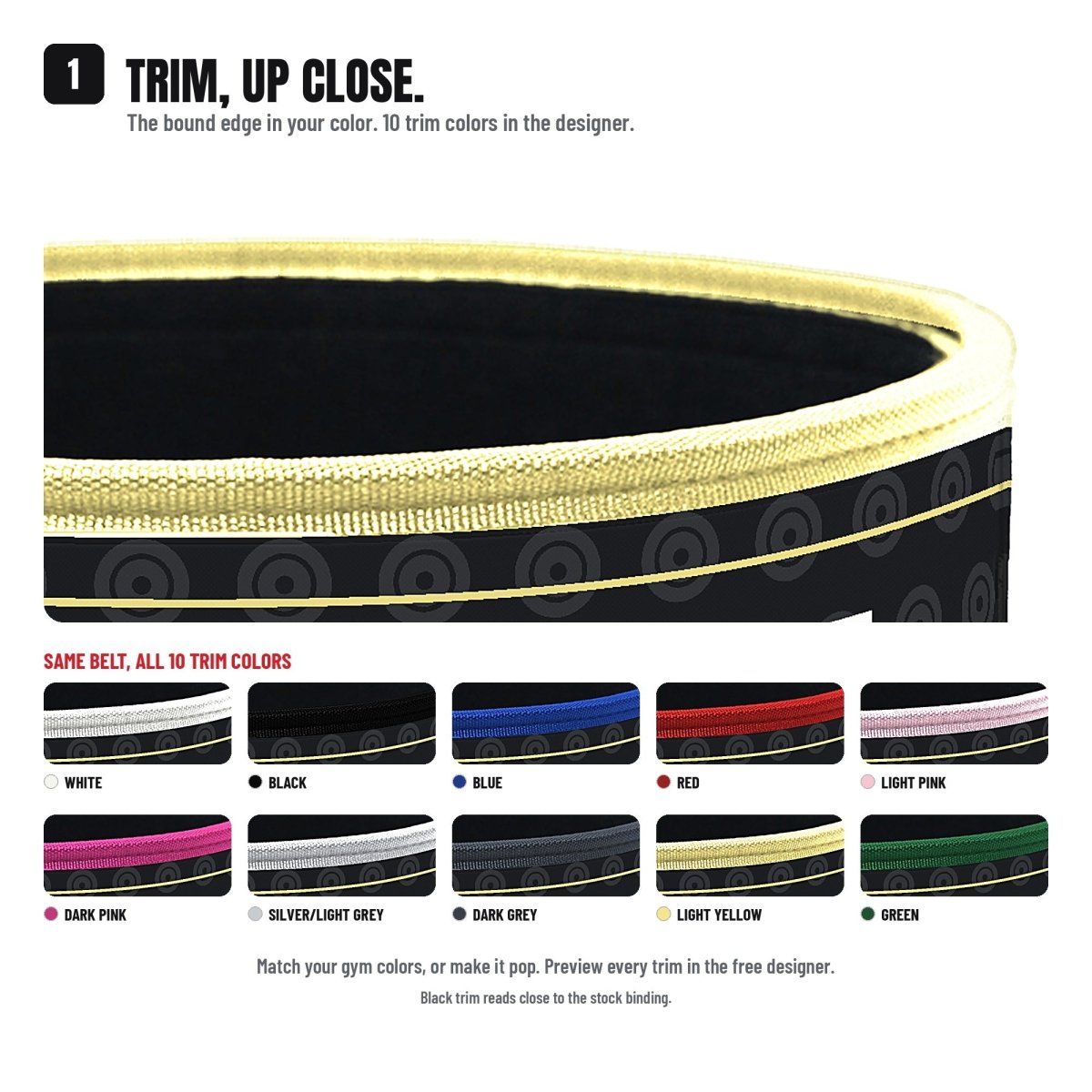 Custom belt trim close-up shown in all 10 customizer trim colors
