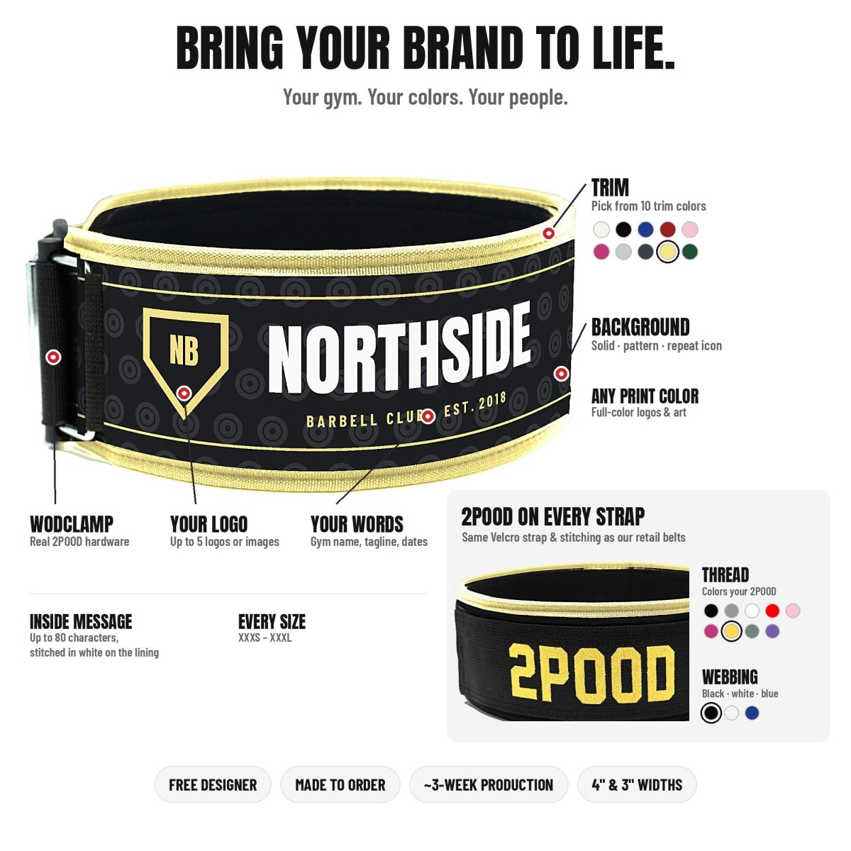 Custom 2POOD weightlifting belt with gym logo, Light Yellow trim and 2POOD strap — Bring your brand to life
