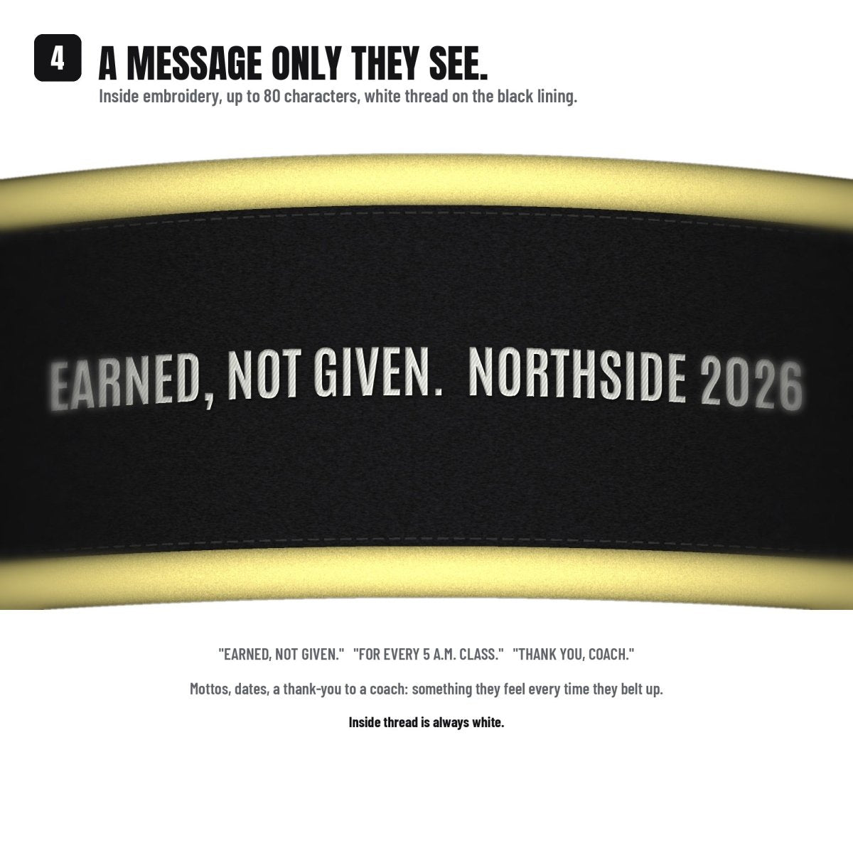 Inside message embroidered in white on the black lining