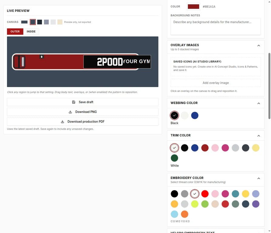 2POOD custom belt designer showing belt preview, webbing color, trim color, and embroidery color choices